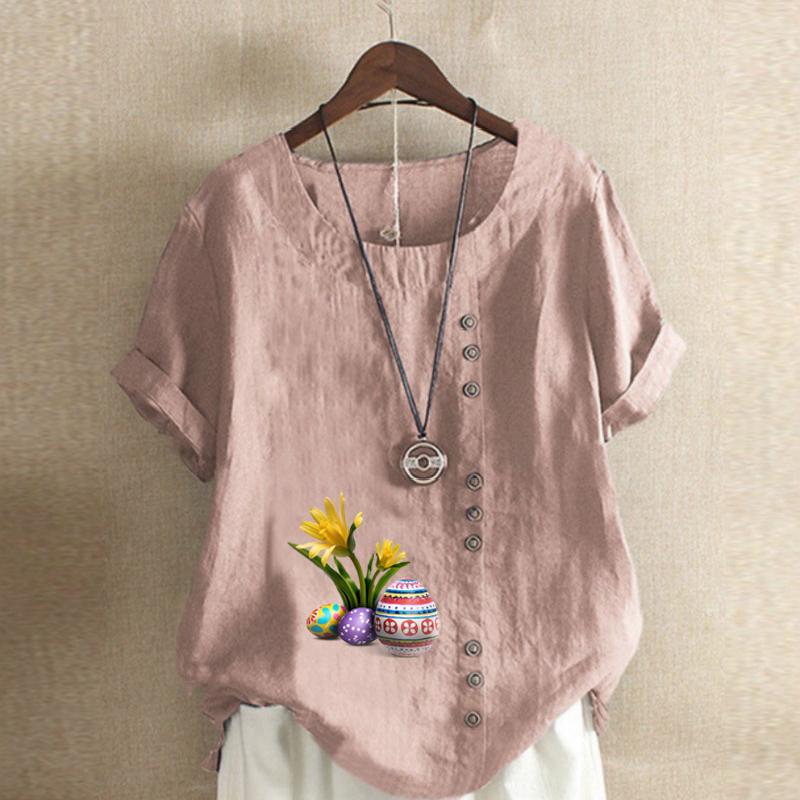 Women's Fashion Round Neck Short Sleeve T-shirt Casual Cotton Linen Graphic Shirt Leisure Loose Flower Prined Summer Blouse Tops