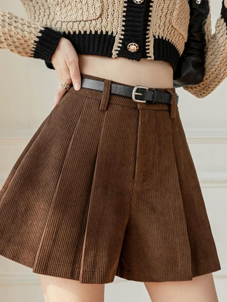 Женские вельветовые кюлоты А-силуэта с плиссировкой и высокой талией, зимние шорты 2024