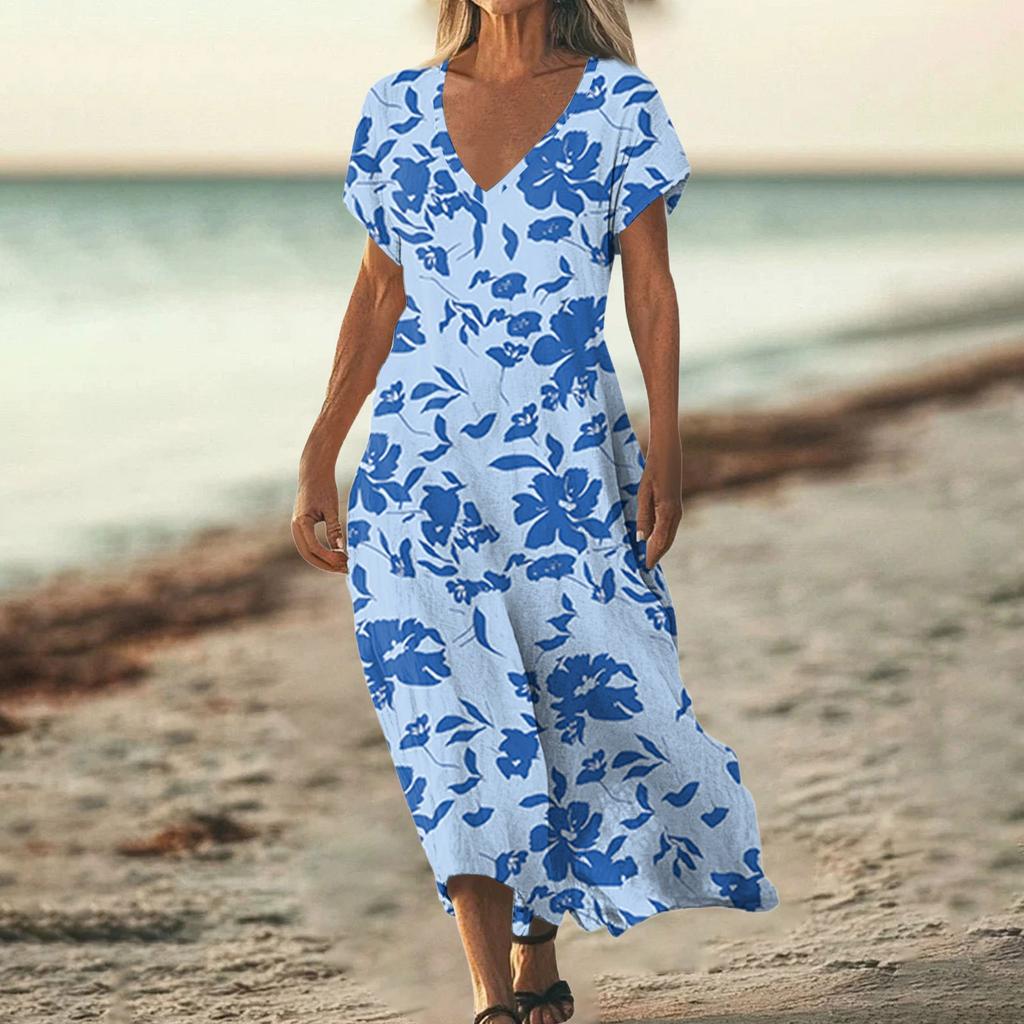 Fashion Women's Summer V-Neck Short Sleeve Floral Print Beach Dress