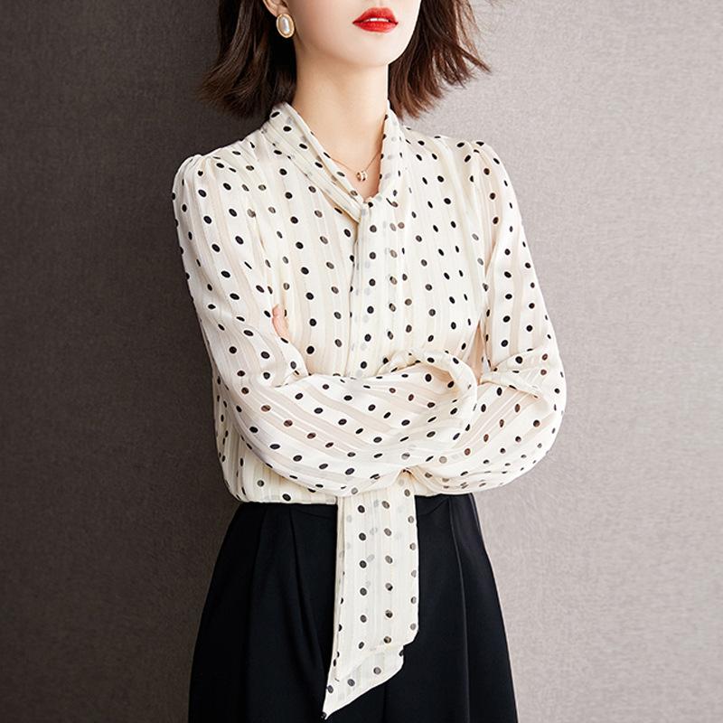 Летняя новая женская одежда свободный стример горошек тонкий темперамент элегантный тонкий топ с длинными рукавами для женщин