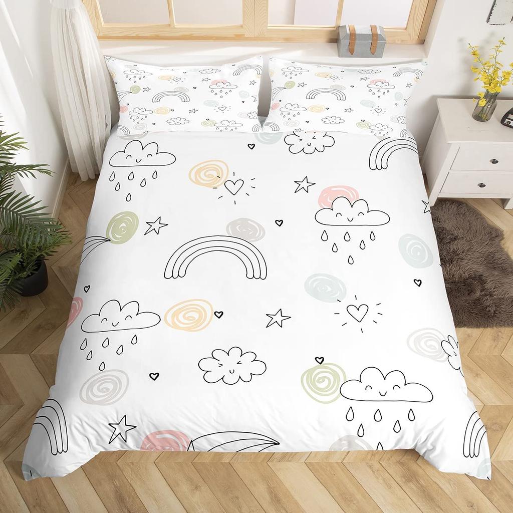 Lovely Rainbow Duvet Cover Sun Crown Cloud Rain Bedding Set Stick Figure Art Comforter Cover Kids Bedroom Polyester Quilt Cover