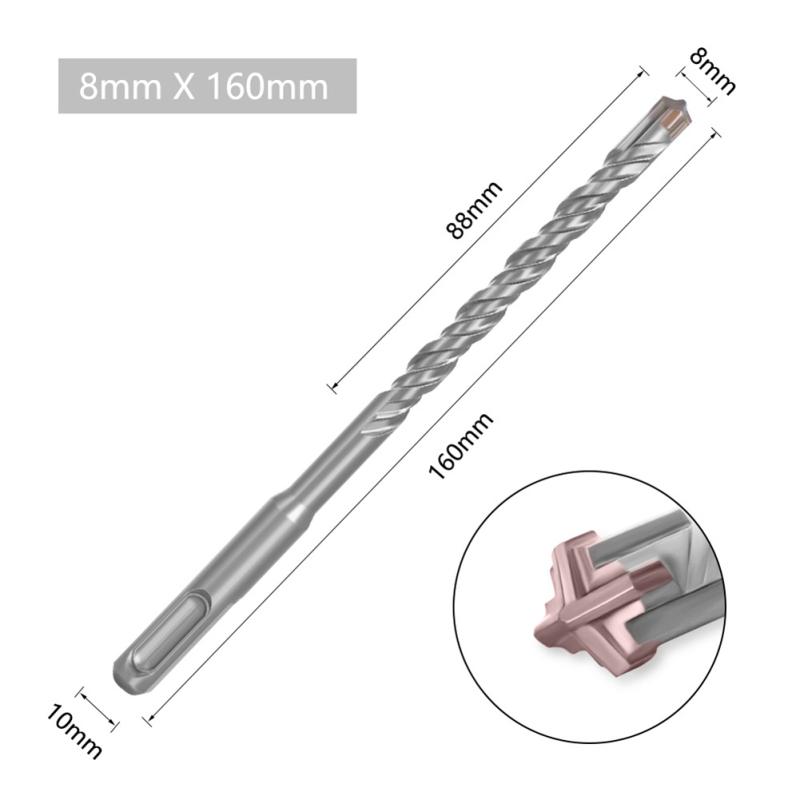 5 Pcs Electric Hammer Cross Impact Drill Bit Set 2-slot Round Shank Cross Tips For Concrete Wall