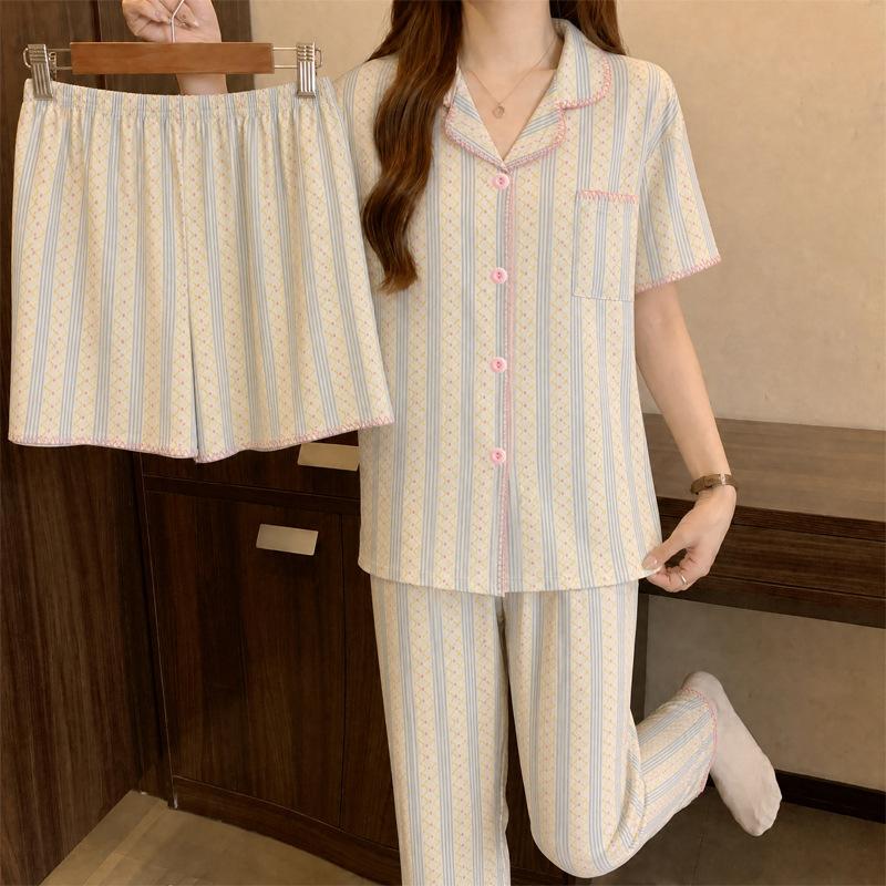 Little fresh fairy style summer new short-sleeved pajamas women's lazy sense loungewear cloud cotton three-piece set