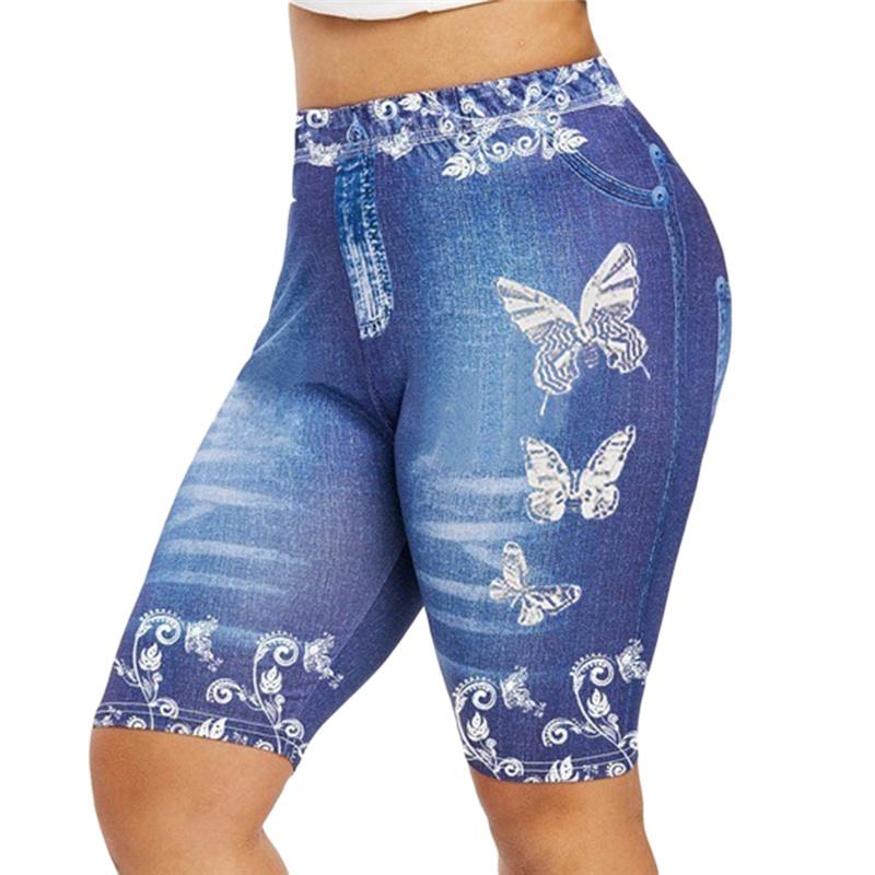 Plus Size 3D Print Capri Leggings For Women Faux Denim Women Fashion Jegging Shorts