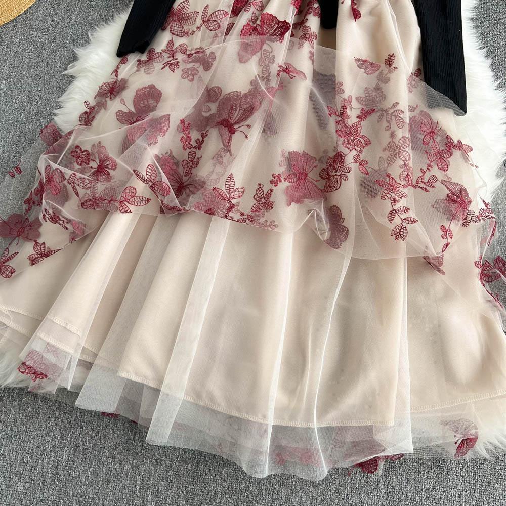 Осень-зима, женский повседневный вязаный свитер, сетчатые лоскутные платья, винтажное вечернее платье миди из тюля с v-образным вырезом и вышивкой-бабочкой