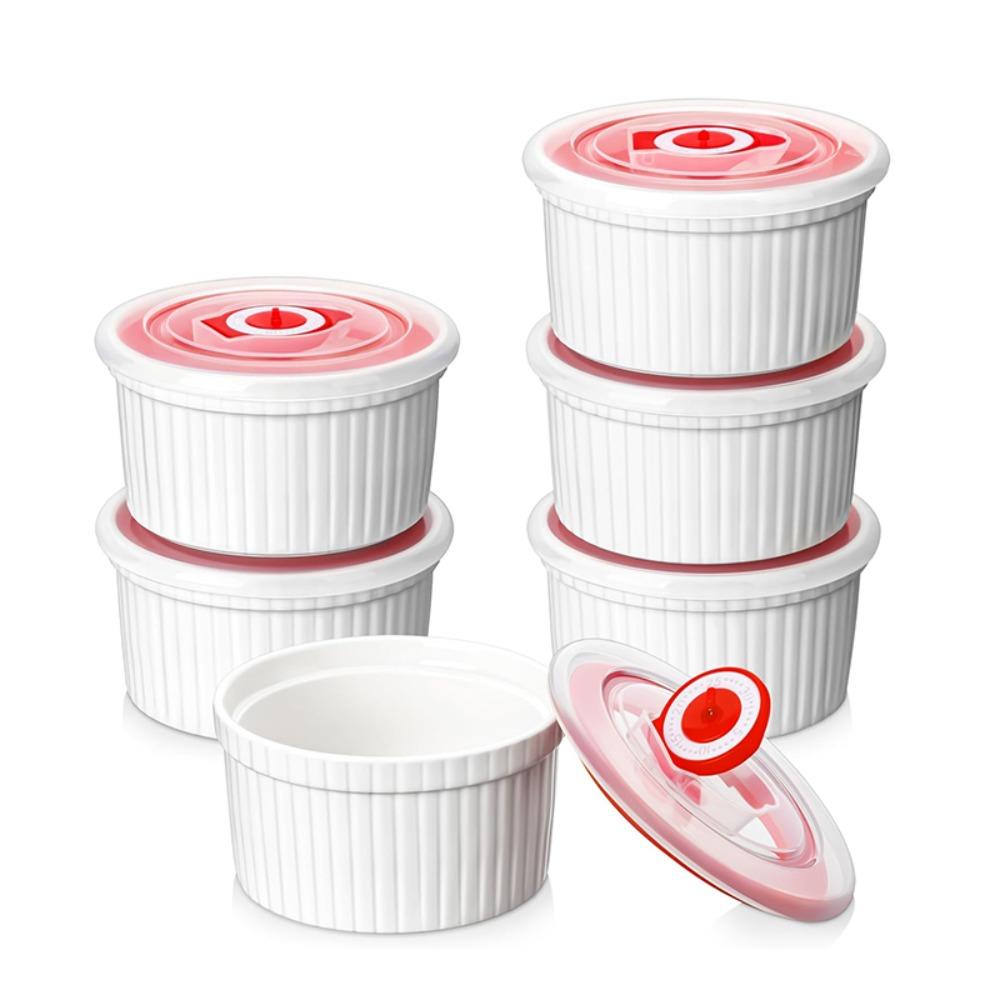 6pcs 8 Oz Ramekin Porcelain High Temperature Resistant Pudding Cup White with Lid Steamed Egg Bowl Restaurants