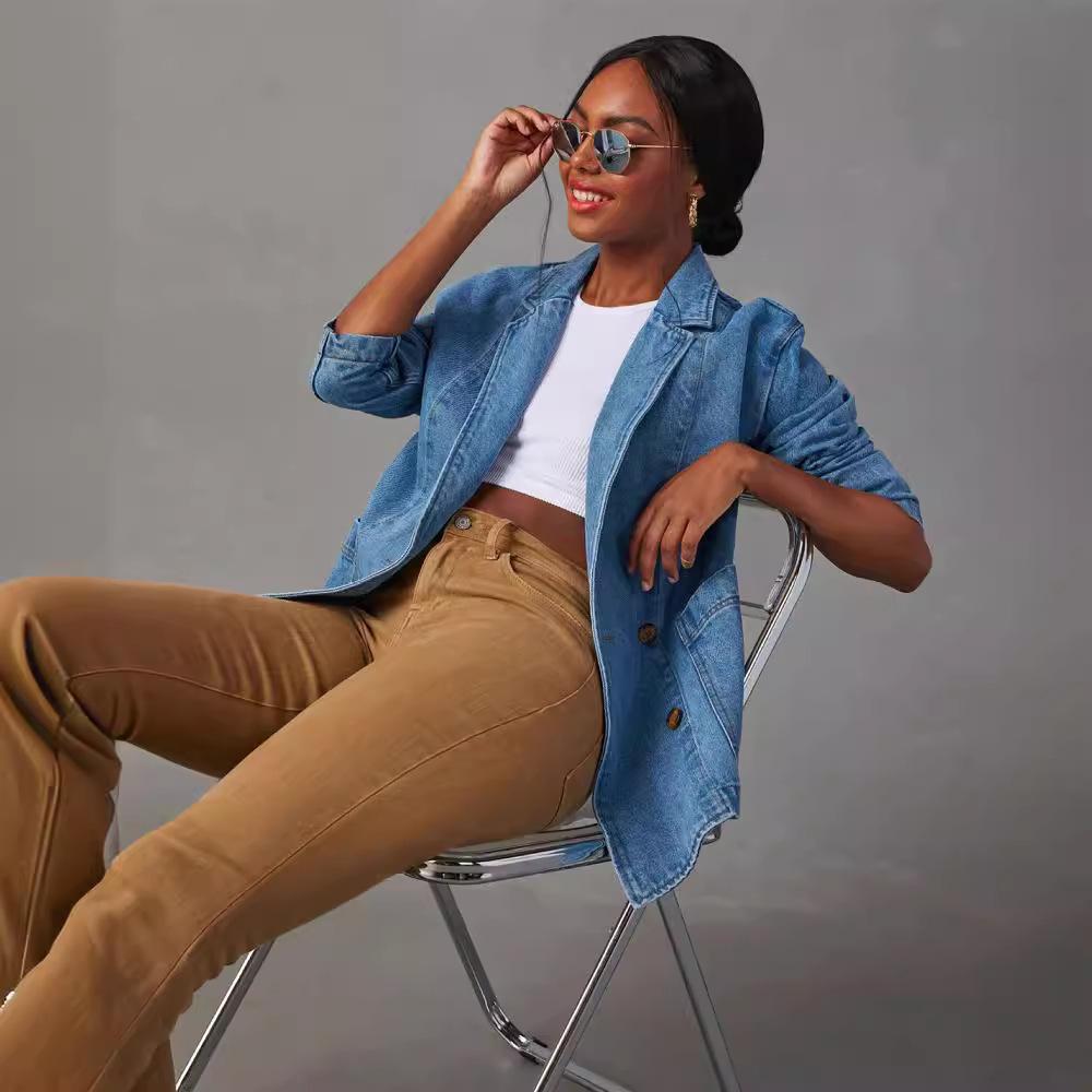 Осенняя женская модная джинсовая куртка, джинсовые куртки, повседневное длинное пальто Koran, тонкая с длинным рукавом, синяя верхняя одежда