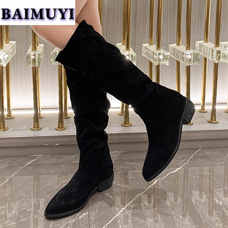 Сексуальные женские туфли с острым носком и леопардовым принтом, высокие сапоги до колена на среднем каблуке, модные тенденции 2025 года, элегантные массивные ботинки челси, туфли-лодочки Mujer Botas