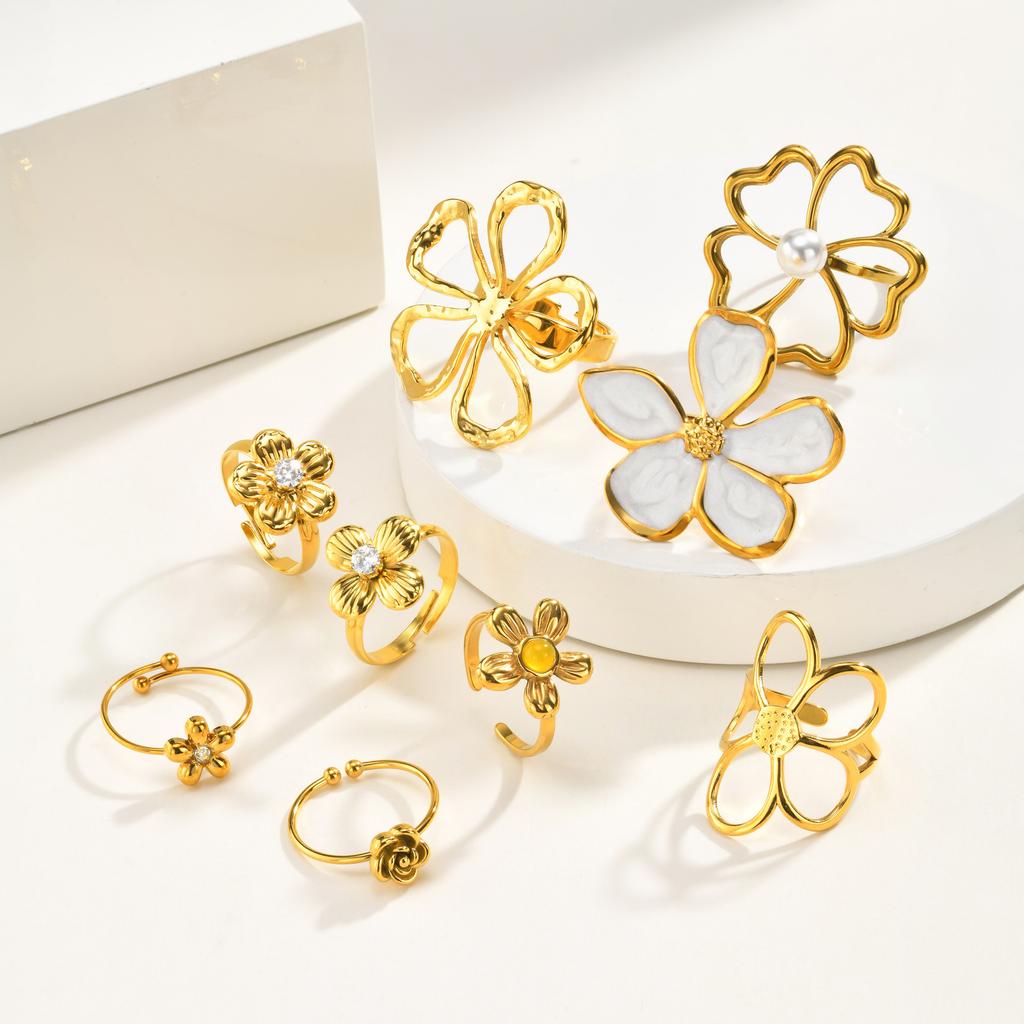 Open Adjustable Flower Ring, Stainless Steel 18K PVD Gold Plated, Waterproof Tarnish Free Trendy Floral Jewelry Gift for Women