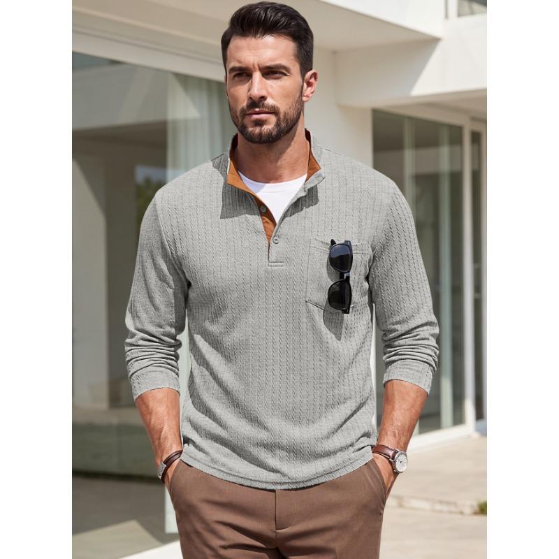 Men S Casual Stand Collar Jacquard Long Sleeve Sweatshirt With Chest Pocket