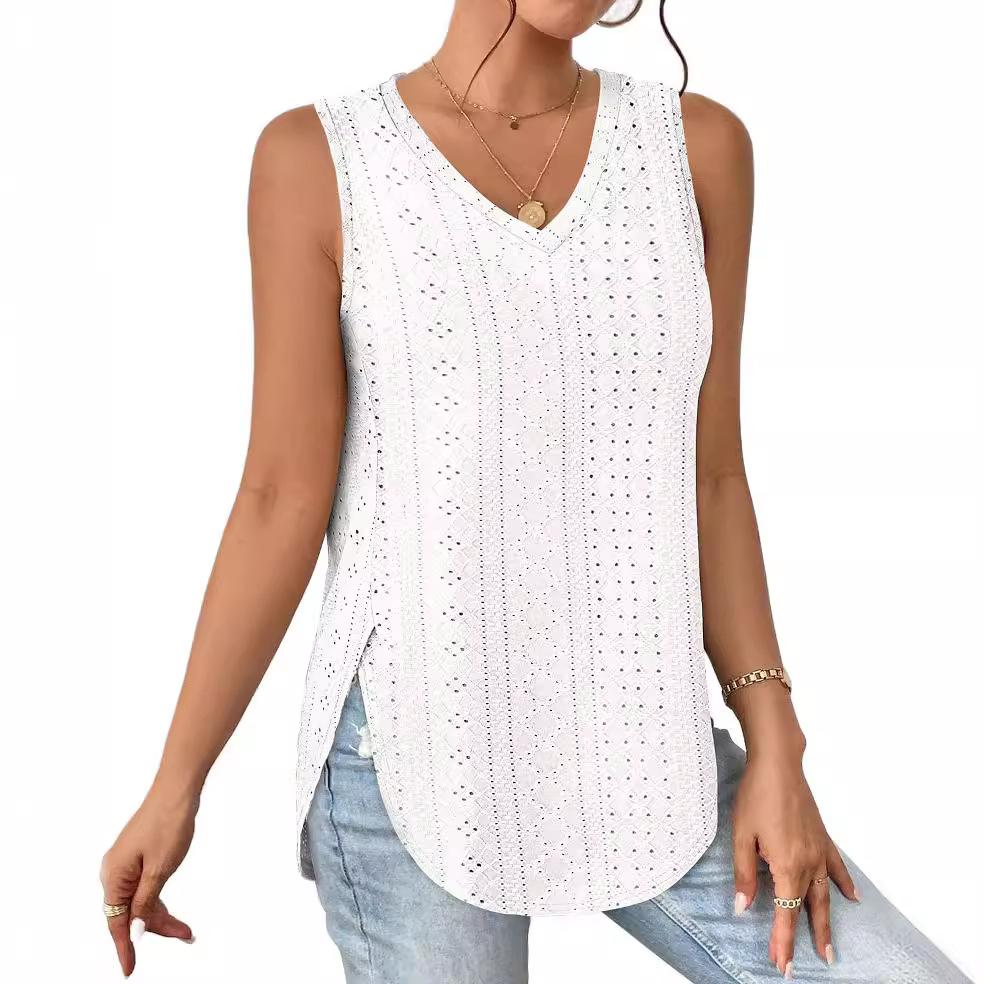 GMXIA Spring Summer V-neck Vest Sleeveless Hole Jacquard Top Casual Vest Women
