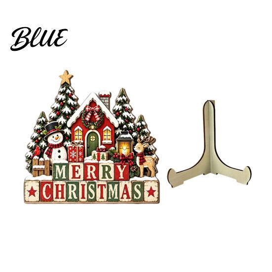 Christmas Tabletop Ornaments 2D Wooden Castle Ornament, Santa Scene Bookshelf Decoration Decorative Holiday Signs with Stand, Festive Gift for