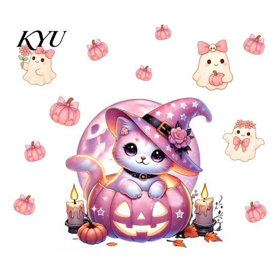 Cat Theme Halloween Art Pink Purple Static Window Clings, Cute Milk Tea Ghost Witch DIY Festive Room Decor Glass Decals, Waterproof Stickers
