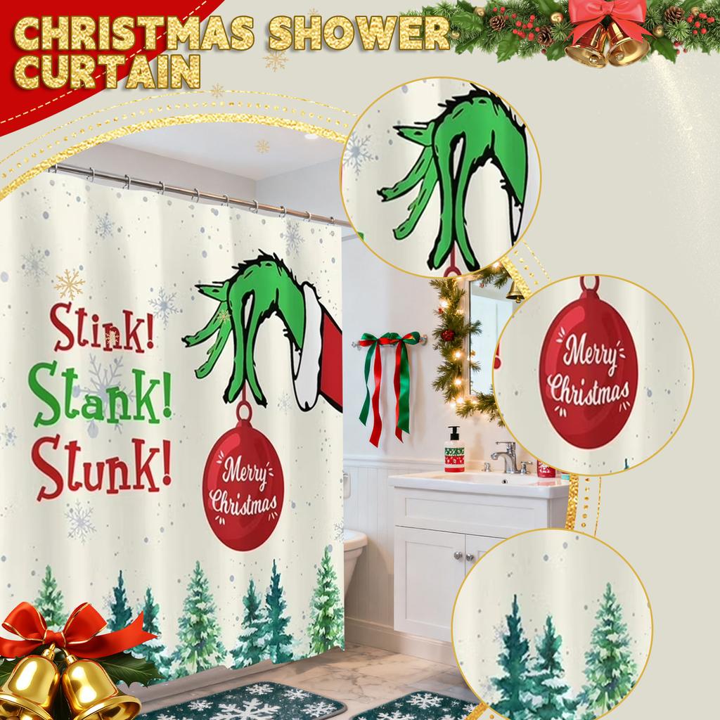Christmas Themed Shower Curtain, 180x180cm Festive Bathroom Decor With Snowflakes, Trees & Merry Christmas Ornament Design, Fabric Curtain