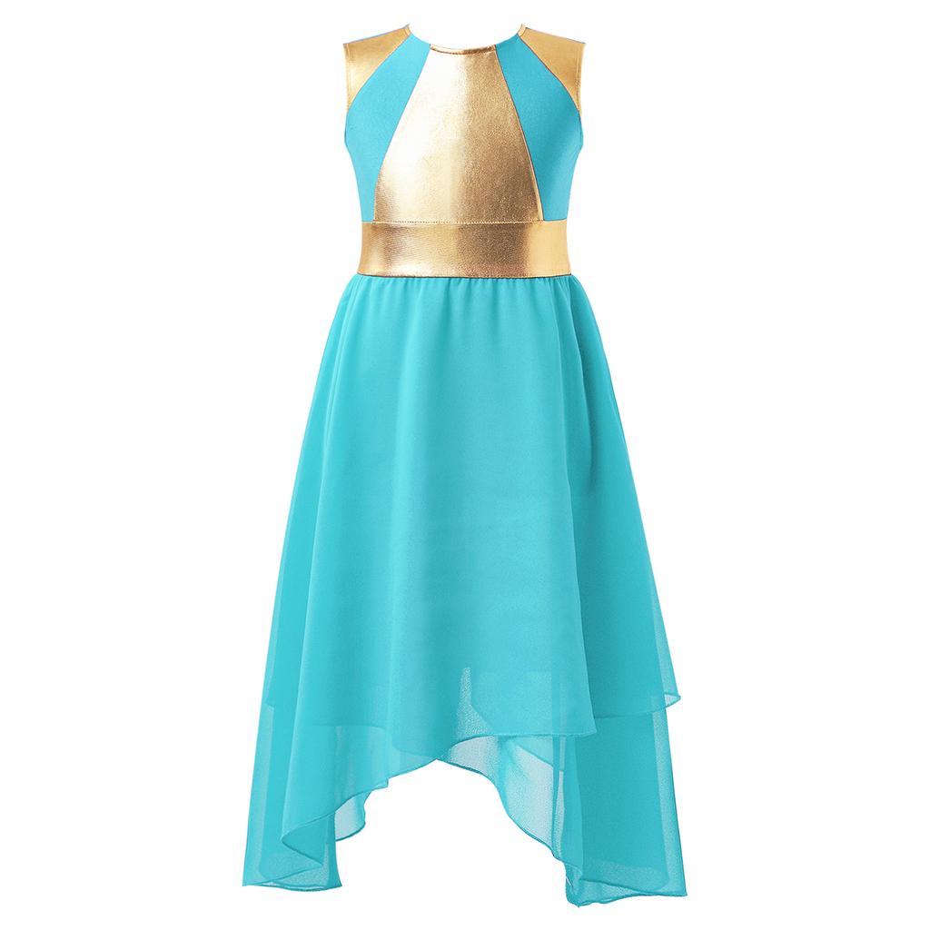 Kids Girls Color Block Asymmetrical Lyrical Contemporary Dance Dress Sleeveless Praise Dance Tunic