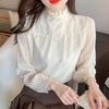 Осенняя мода 2024 года, повседневная шифоновая блузка с длинным рукавом и оборками на воротнике, женская рубашка, топы, блузки, рубашки J454