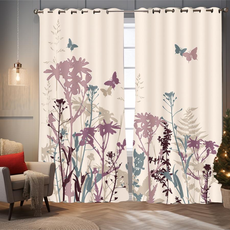 2 шт. штор с принтом в виде свежих и натуральных цветов и бабочек, которые можно использовать для декора спален и гостиных.
