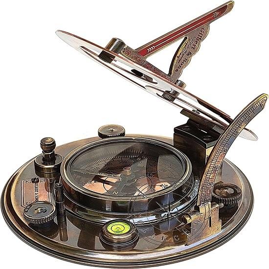 5 Inch Steampunk Gilbert Sundial Compass – Top Grade Handcrafted Brass Sundial In Wood Box with Equation Chart