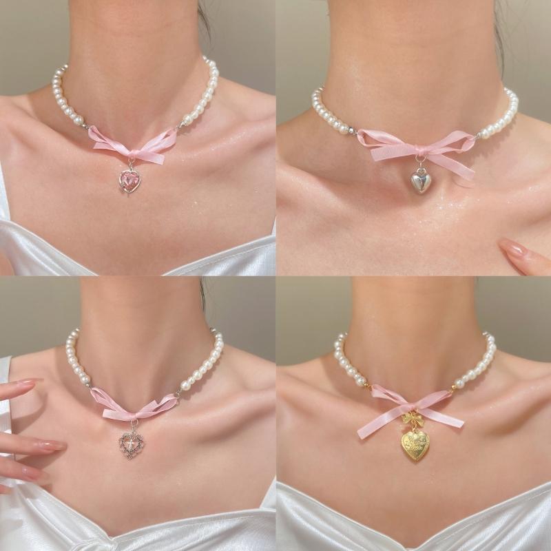 Элегантное ожерелье с подвеской в виде сердца и банта из жемчуга для женщин, милое универсальное ожерелье с подвесками, модные ювелирные изделия, подарок
