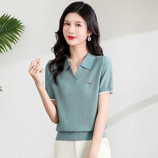 Летняя женская новая футболка с коротким рукавом и воротником-поло для молодой мамы, тонкая трикотажная рубашка из шелка