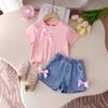 Girls' Casual Suit Summer Children's Fashion Round Neck Bow Short Sleeve Top Denim Shorts Two-piece Set