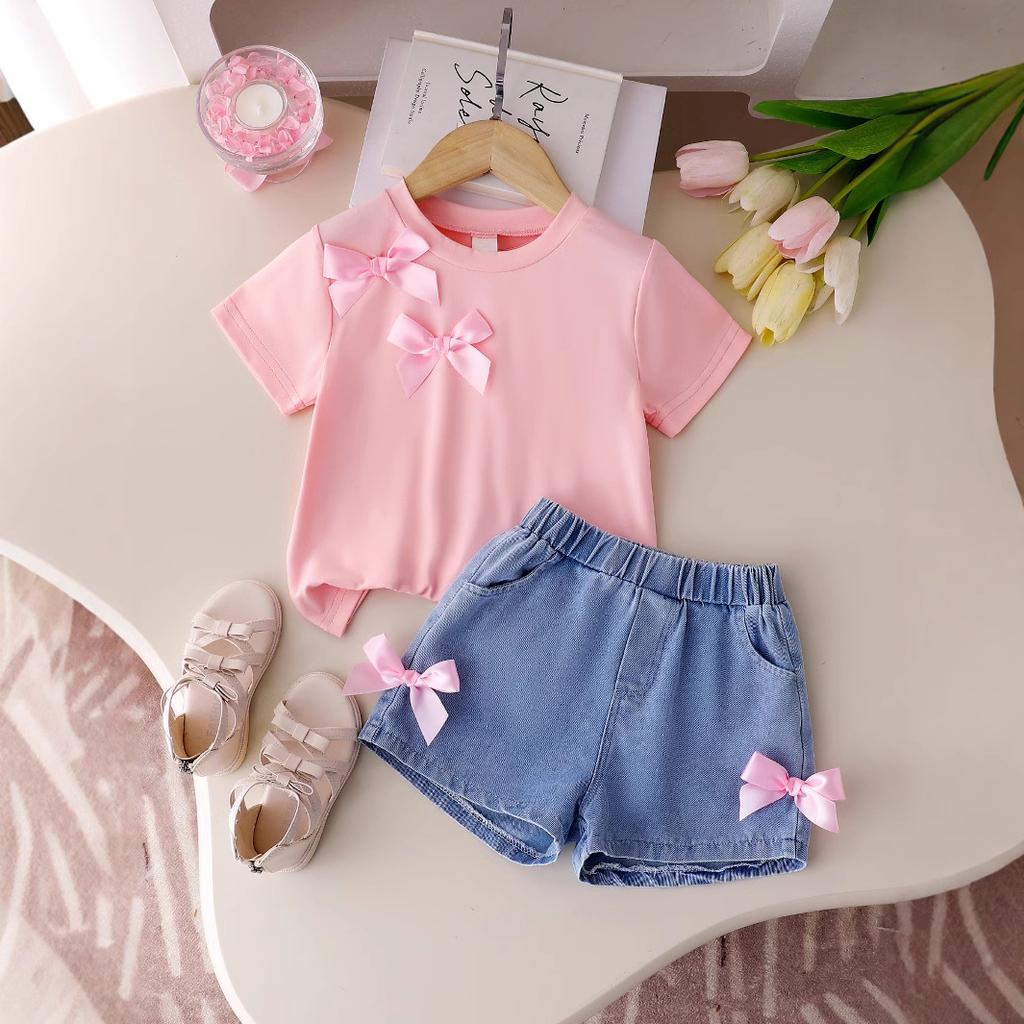 Girls' Casual Suit Summer Children's Fashion Round Neck Bow Short Sleeve Top Denim Shorts Two-piece Set