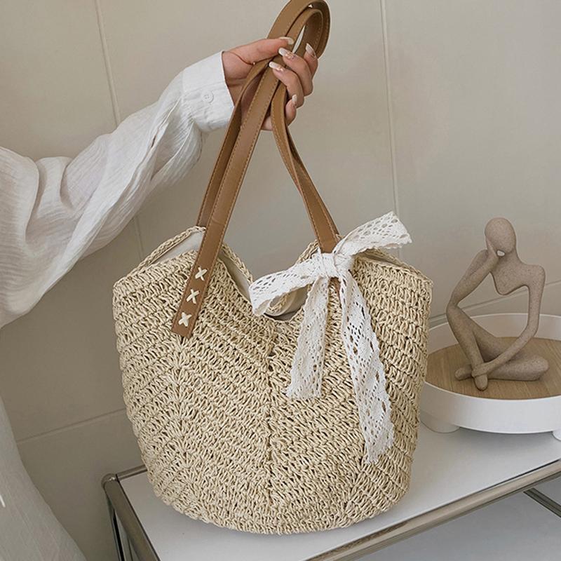 Yogodlns Повседневная соломенная сумка через плечо для женщин, полая тканая пляжная сумка из ротанга