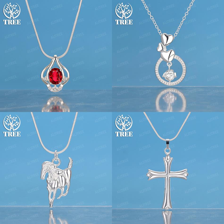 925 Sterling Silver AAA Red Zircon Bud Cross Horse Heart Pendant Necklace 16-30 Inch Women Wedding Party Birthday Jewelry Gift