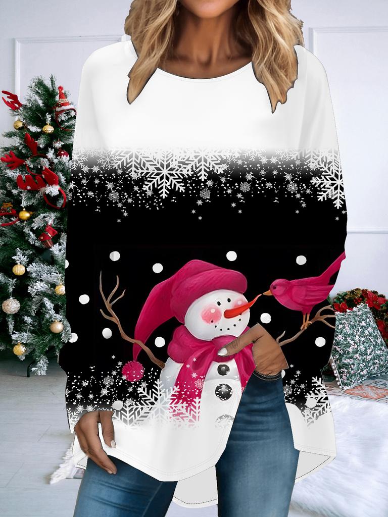 Plus Size Women Spring Christmas Printed Comfy Long Sleeve Round Collar T-shirt Casual Baggy Mid Length Tee Tops