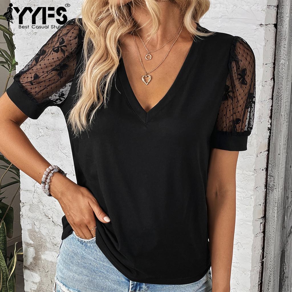 YYFS Women's Fashion Casual Summer Solid Color Print Short Sleeve V-Neck Blouses & Shirts