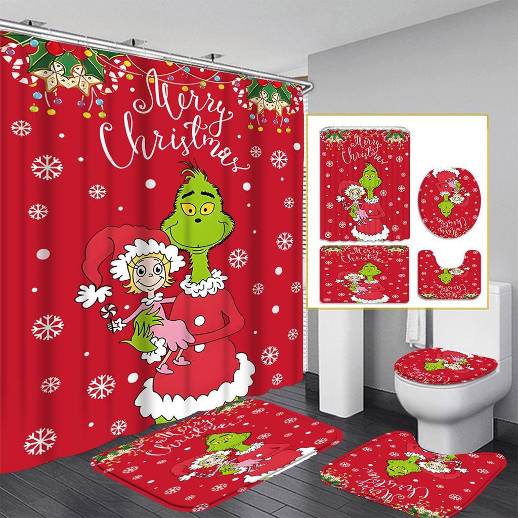 Рождественский узор с зелеными волосами Набор из четырех предметов для занавески для душа с 12 крючками Полиэстеровая водонепроницаемая занавеска для душа.