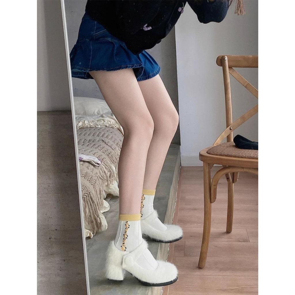 2025 New Thick Heel Fluffy Shoes Women Wear Versatile Fairy Style Mary Jane High Heels Winter Velvet Single Shoes