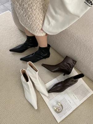 Мода Модные женские ботильоны с острым носком Chelsea Botas Тонкие туфли на среднем каблуке Черные Белые Коричневые Молния сзади Модные туфли-лодочки Обувь Женщина 39