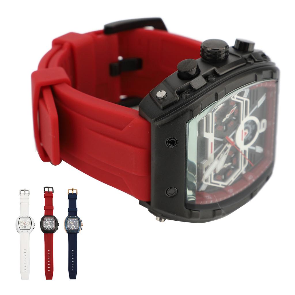 Men Multifunctional Quartz Watch Large Dial Silicone Strap Water Resistant Wristwatch Quartz Watch W