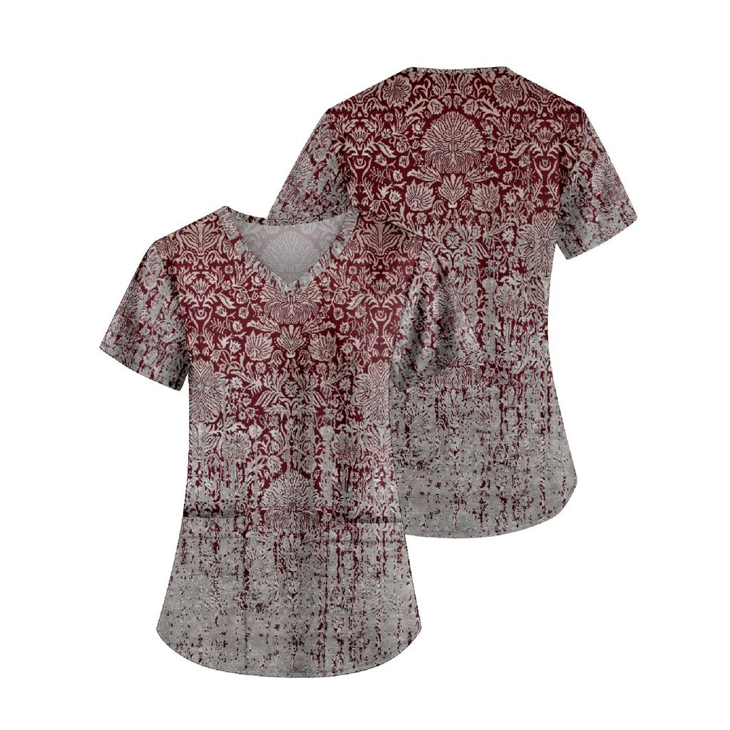 Women's Fashion Printed Work Uniform With Pocket T-Shirt Short Sleeve Top