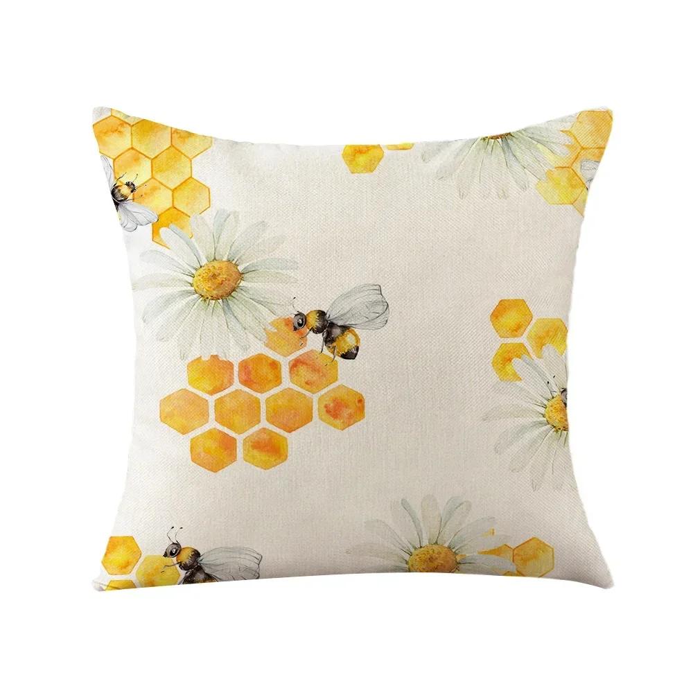 Summer Sunflower Bee Double-Sided Printed Pillow Cover Short Plush Suitable Living Rooms Bedrooms Sofas Throw Cushion Cover