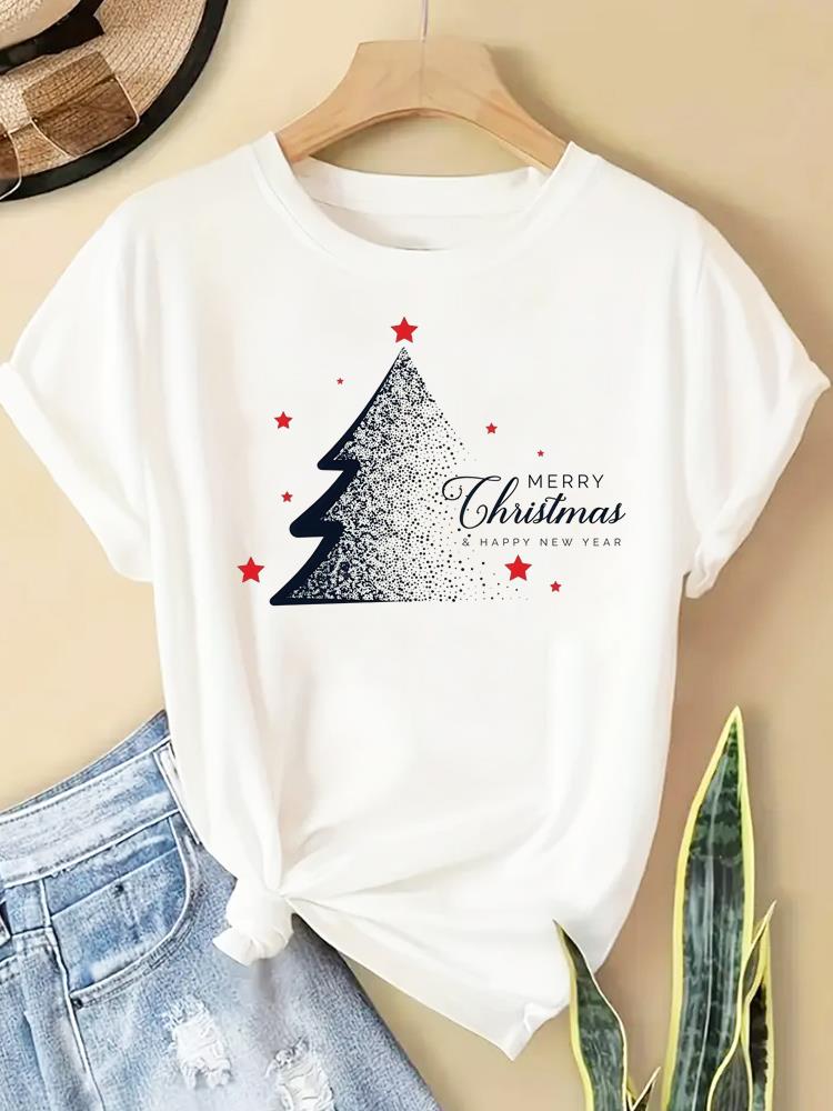 (Asian Size) New Year T Clothing Short Sleeve T-shirts  Print Merry Christmas Plaid Tree Style O-neck Women's Top Fashion Holiday Graphic Tee