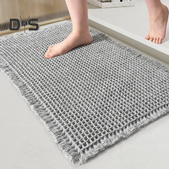 Коврик для ванной из пены с эффектом памяти, вафельная текстура, отделка кисточками, высокоабсорбирующий быстросохнущий коврик для пола, противоскользящий коврик для ванной