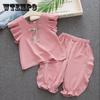 Летний костюм для девочек, одежда для маленьких девочек, футболка, шорты, топ с рукавами в виде листьев лотоса и повседневные брюки, комплект из двух предметов