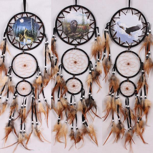 1PC Handmade Dream Catcher Creative Wall Decorations Wolf Pattern Indian Dreamcatcher Retro Feather Ornament Home Room Hanging Decor