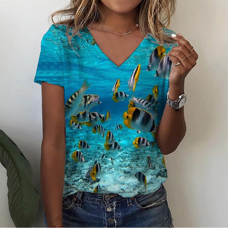 Summer V-neck 3D Infauna Printed Top Fashionable Casual Short Sleeved Women's T-shirts