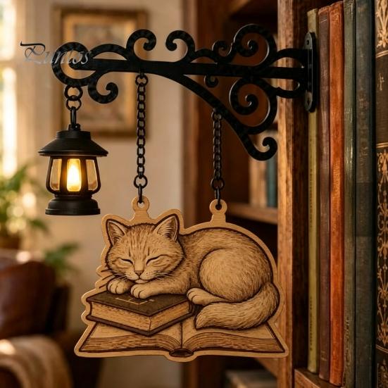 Ретро-светильник для книжной полки, винтажный, с дизайном кошки, спящей на книге, фонарь, деревенский металлический настенный светильник для чтения, декоративный светодиодный для кабинета, библиотеки