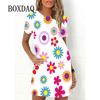 Ladies Spring Summer Dress Rainbow Flowers Print Dress Fashion Elegant Short Sleeve O-Neck Oversized Casual Party Wear Sundress
