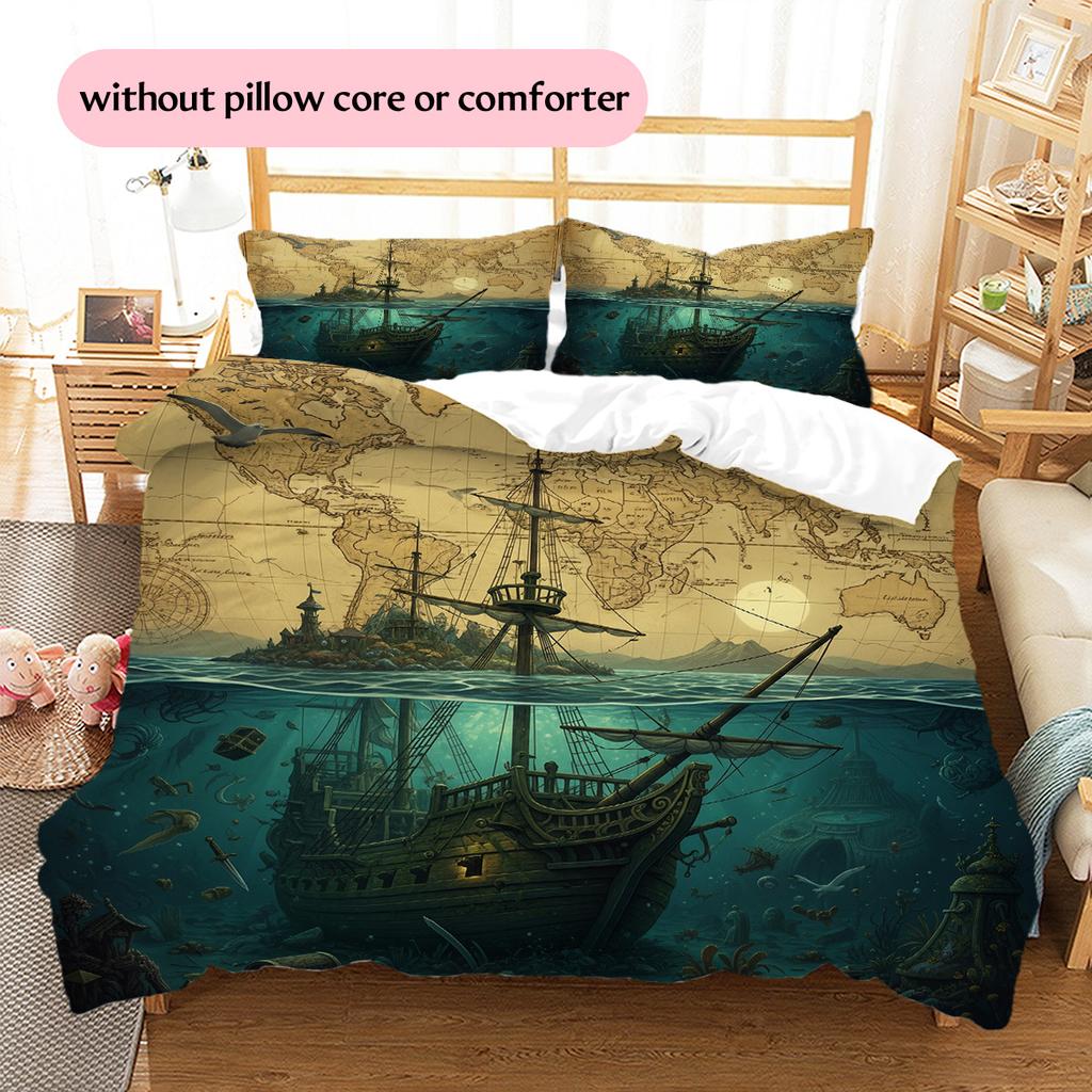 Map Ocean Architecture Pattern Bedding Quilt Set Home Decoration Gift (1 * duvet cover + 2 * pillowcase without core)