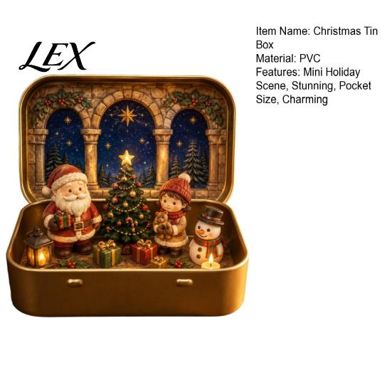 Tiered Scene Decoration Mini Christmas Set in A Tin Box, Pocket Size Holiday Decorative Metal Storage Box with Miniature Figures, Collectible