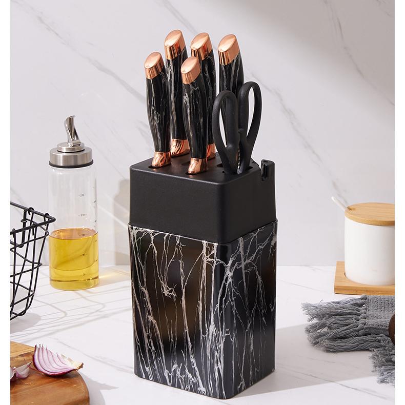 7pcs Kitchen Knife Sets Stainless Steel Chef Knife Bread Knife Marble Textured Handle Sets Tool Holder with Grinding Stone