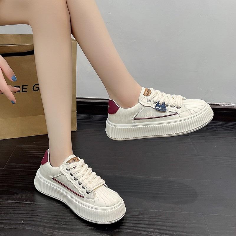 Women Vulcanized Shoes Spring New Fashion Thick Soled Toe Lace Up Color Matching Versatile Casual Sports Shoes