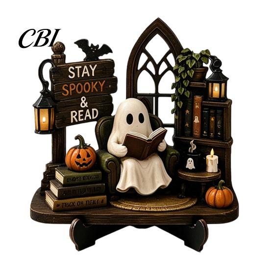 Cute Ghost Figurine Halloween Reading Figurine, Wooden Desktop Ornaments, Vintage Fall Fireplace Decorations Statue with Stand for Home Tabletop Shelf