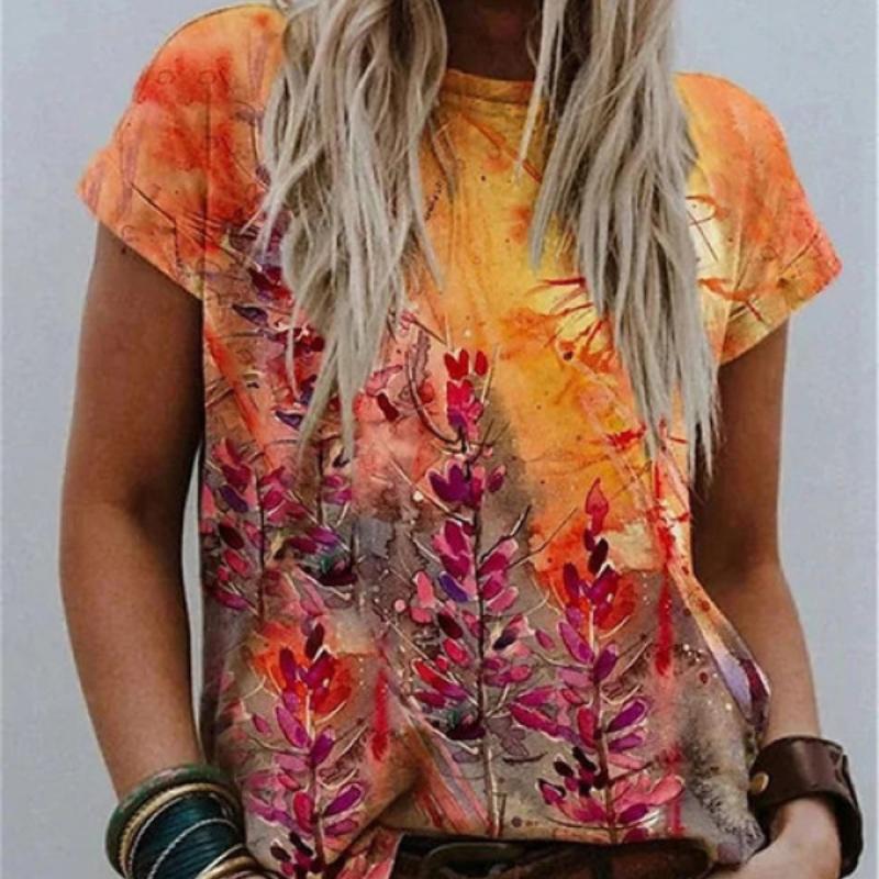 2023 New Women's Summer Short Sleeve T-shirt 3D Floral Print Round Neck Loose Casual Style T-shirt