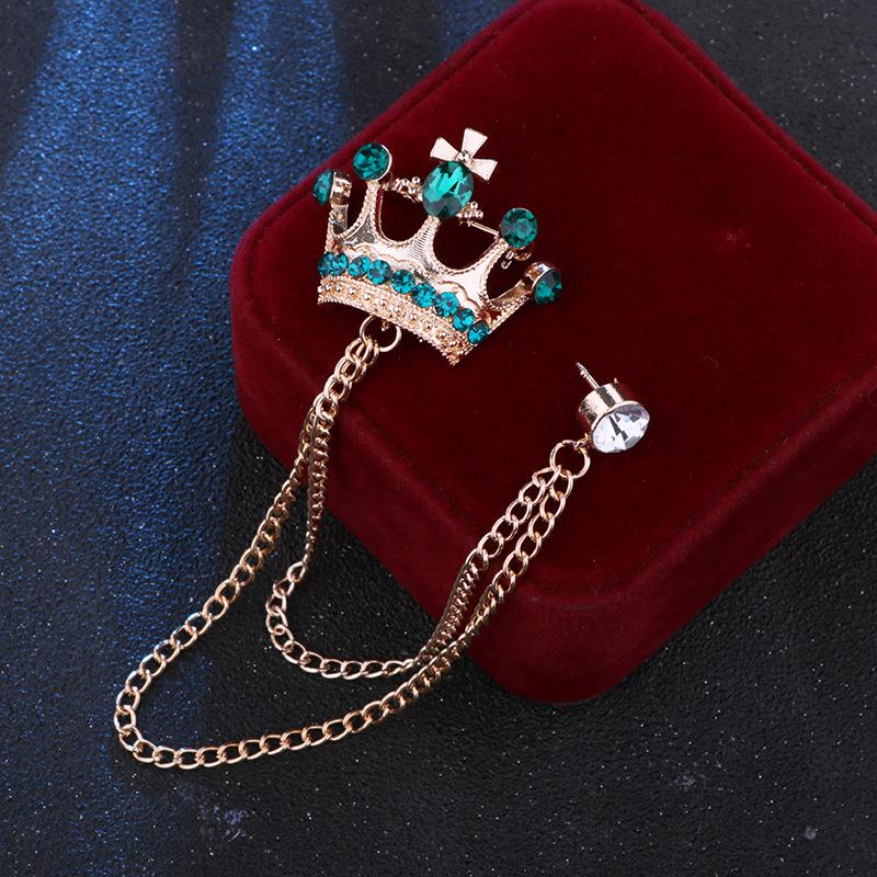 Crystal Men Brooch Pin Crown Fashion Collar Pins Suit Lapel Wedding Gift Jewelry Cross Chain